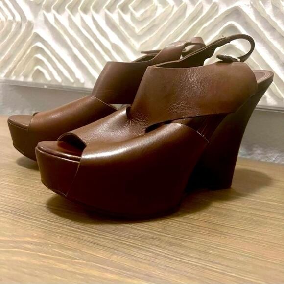 Marni Brown Leather Cutout Slingback Platform Wedge Wood 5” Heel 40 8.5 - Picture 7 of 16